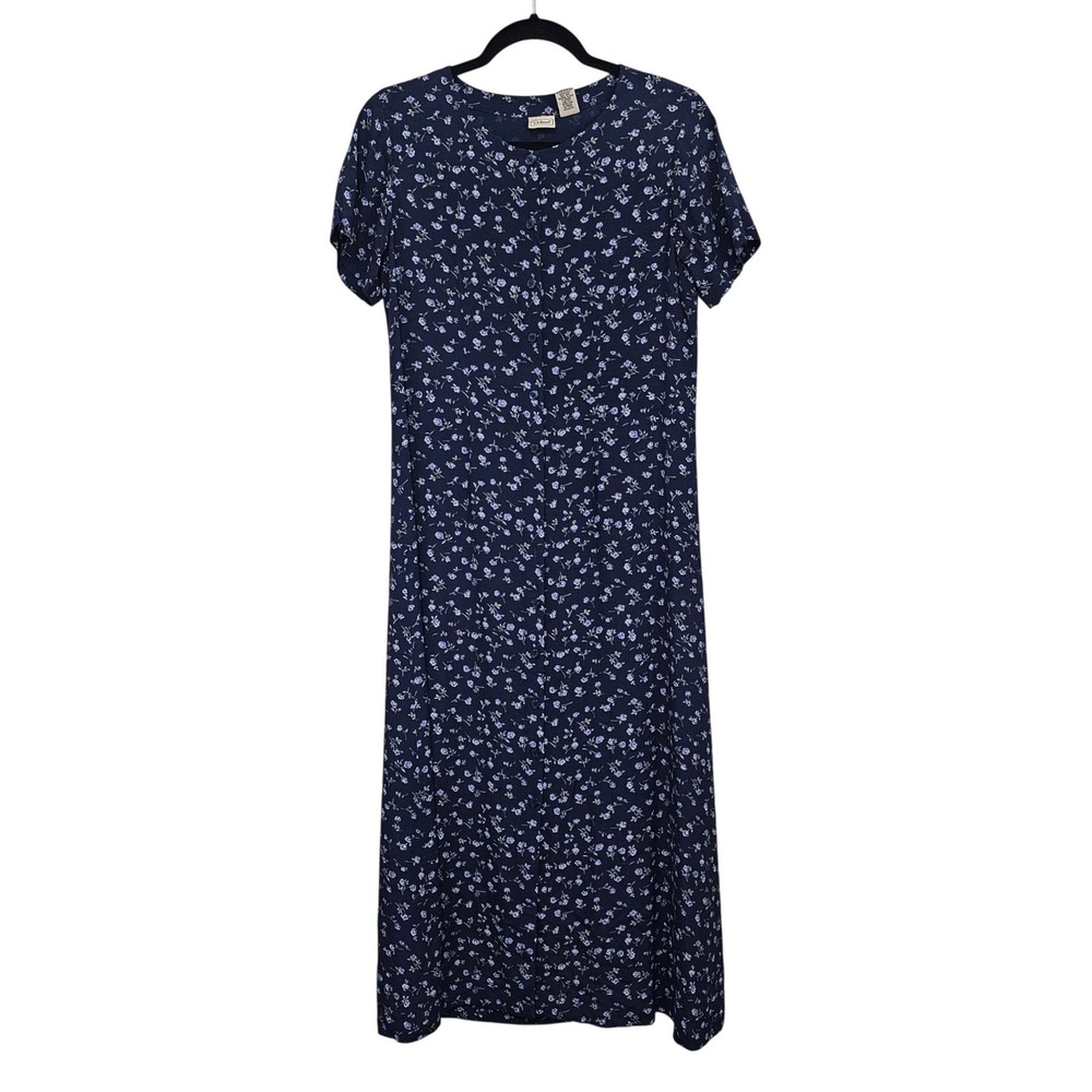 VTG LL Bean Overall Maxi Dress 6 Blue Floral Button Front 90s Cottagecore Jumper